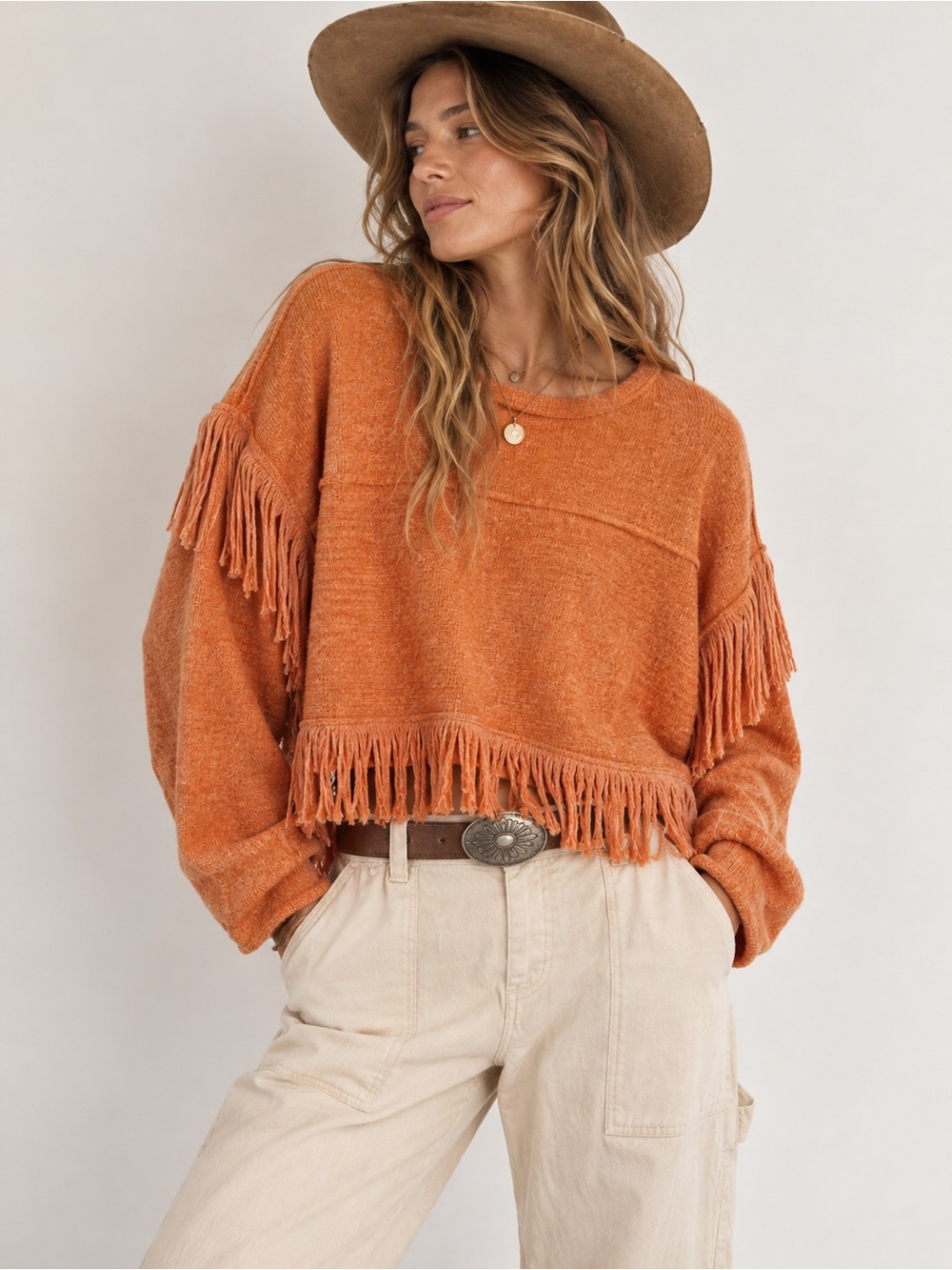 New Raquel Allegra Fringe Western Sweater Knit Soft Designer Cowboy statement S